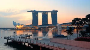 Singapore Skyline with urban buildings over water